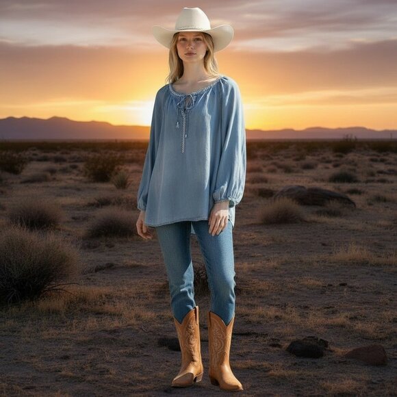 Vintage America Chambray Top Women's XL Blue Embroidered Peasant Boho Western - Picture 3 of 8